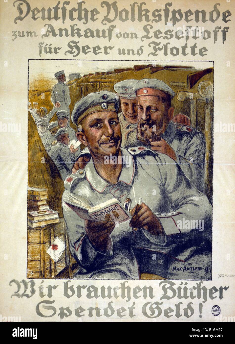 Soldats allemand affiche montre la lecture de livres dans une tranchée. Traduction de texte « dons - pour l'achat de matériel de lecture pour l'armée et la marine - nous avons besoin de livres, donner de l'argent !". Datée autour de 1910-1920 Banque D'Images