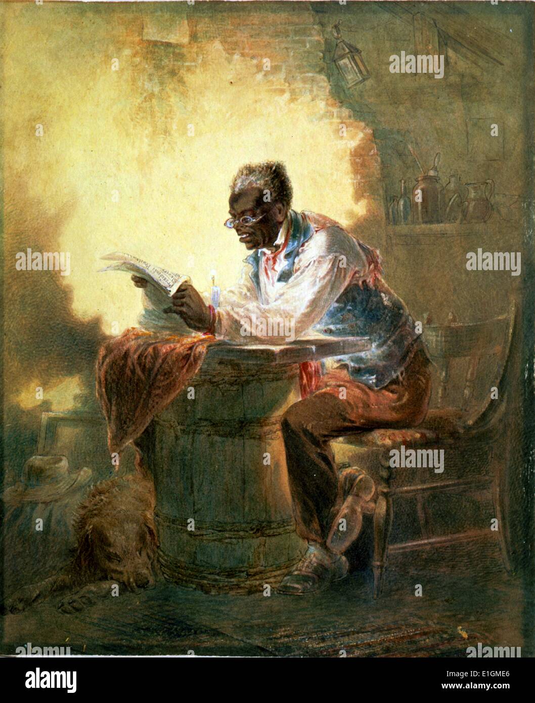 Black Man reading newspaper aux chandelles Banque D'Images