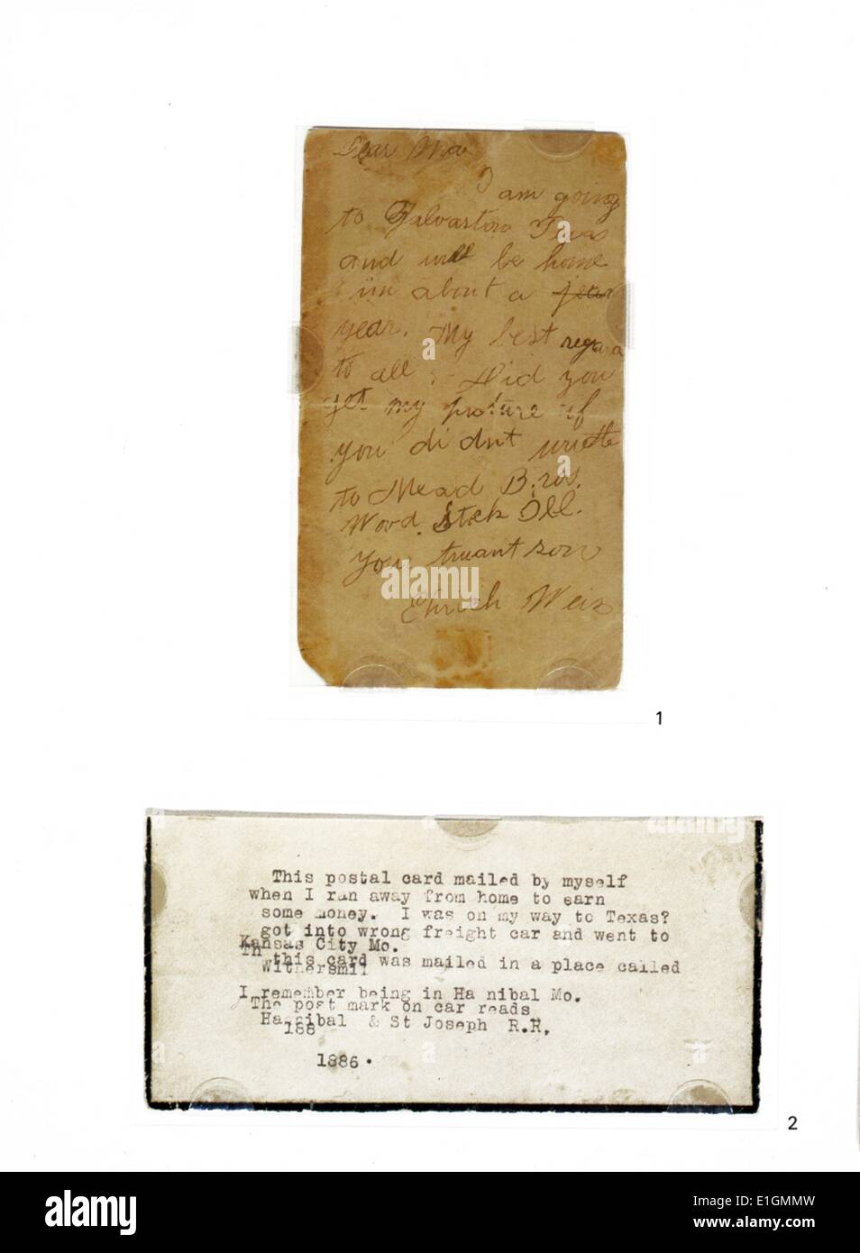 Carte postale d'Harry Houdini (Ehrich Weiss)1874-1926, à sa mère, 1886. À l'âge de douze ans, Ehrich Weiss s'enfuit de la maison dans le but de gagner de l'argent et de réduire la pauvreté de sa famille. C'est le premier échantillon d'écriture de Houdini dans les collections de la Bibliothèque du Congrès et elle est complétée par un commentaire tapé plus tard faite par le magicien Banque D'Images