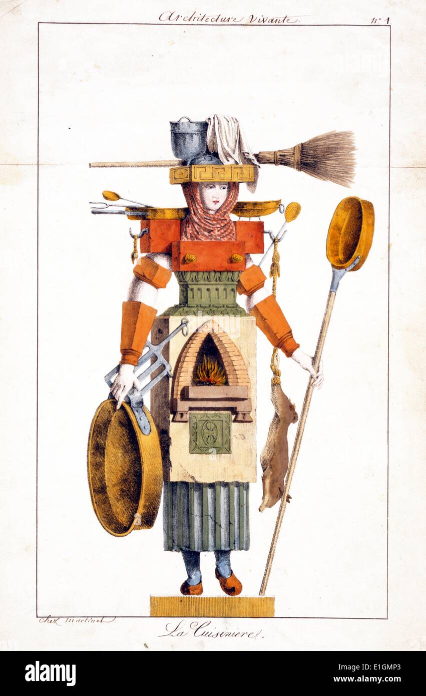 L'illustration montre une femme hors de l'ancienne et/ou le port et l'exécution ustensiles de cuisson, tels que les casseroles et ustensiles, d''une cheminée, d'un balai, et une table ou couperet d'où pend un lapin. Datée 1800 Banque D'Images