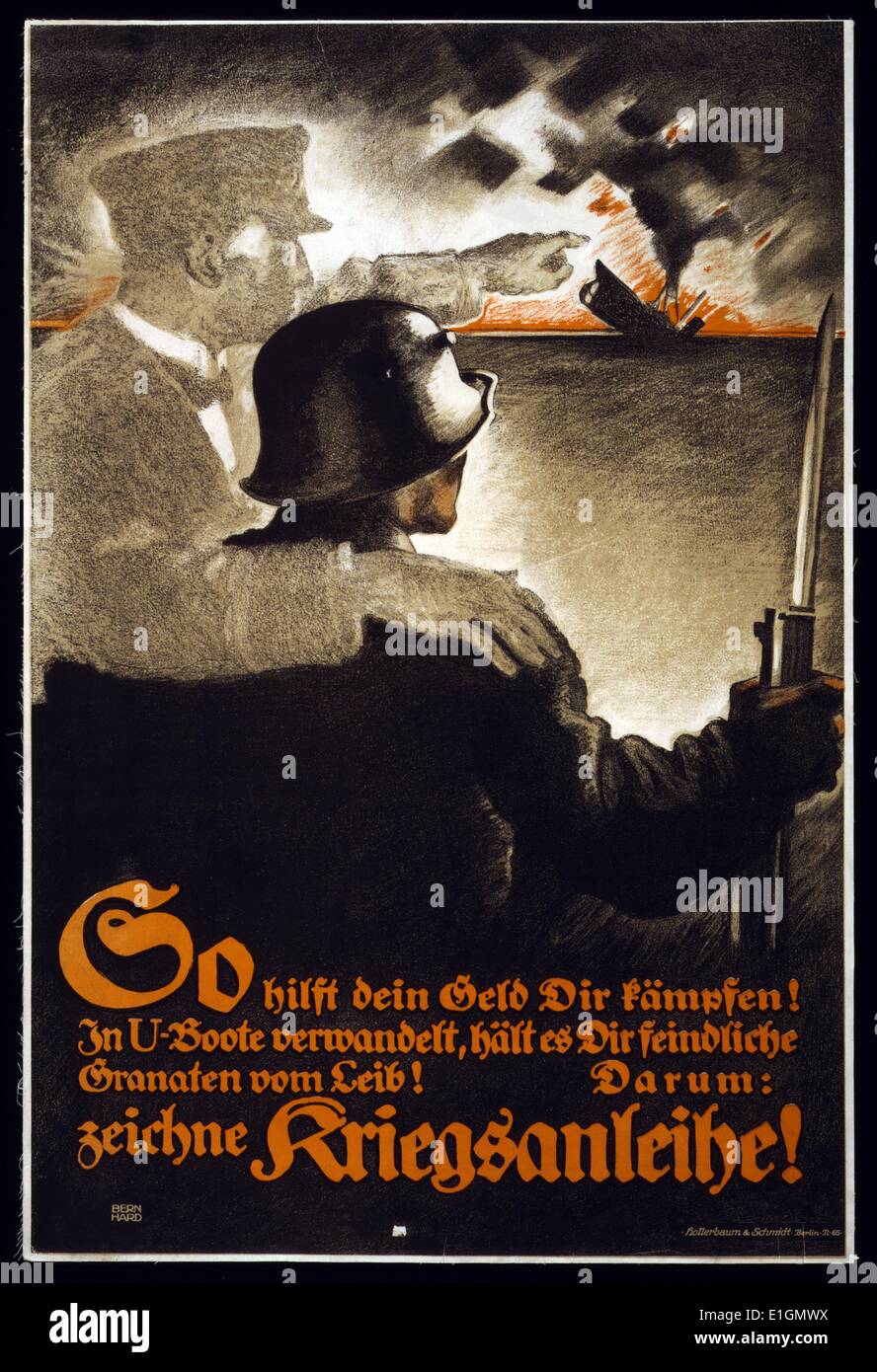 Poster montre le fantôme d'un marin avec son bras autour d'un soldat. Il pointe vers un naufrage du sous-marin. Texte encourage les gens à s'abonner à l'emprunt de guerre. Datée 1917 Banque D'Images