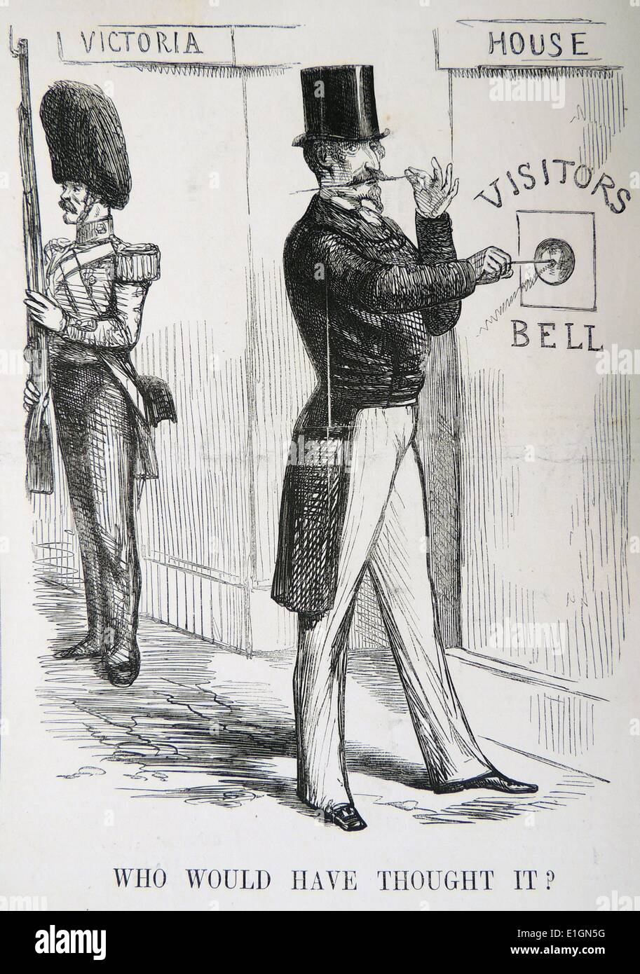 L'empereur Napoléon III (1808-1873) de la France et de l'Impératrice Eugénie a effectué une visite d'Etat en Angleterre au 21 avril 1855. Caricature de ''punch'' Devenez tuteur à Londres, 1855. Banque D'Images