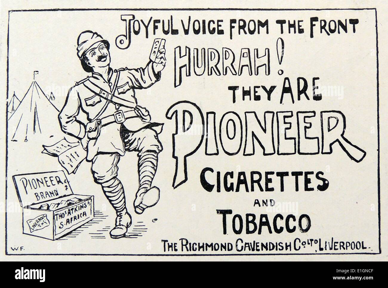 Publicité montrant un soldat britannique en Afrique du Sud pendant la Guerre des Boers, ravis de recevoir un paquet de cigarettes 'Pioneer'. La gravure, Londres, 1900. Banque D'Images