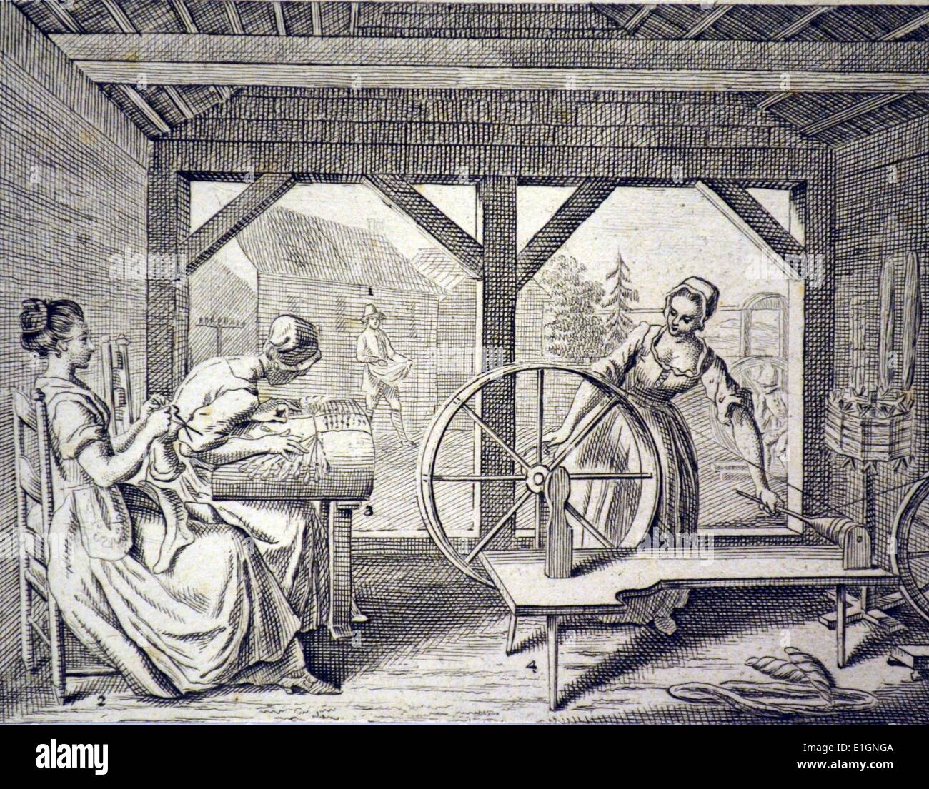 Les femmes, en tricot dentelle et de spinning. Après gravure Nicholas Chodowieki (1726-1801) "l'hôtel Hogarth de l'Allemagne'. Banque D'Images