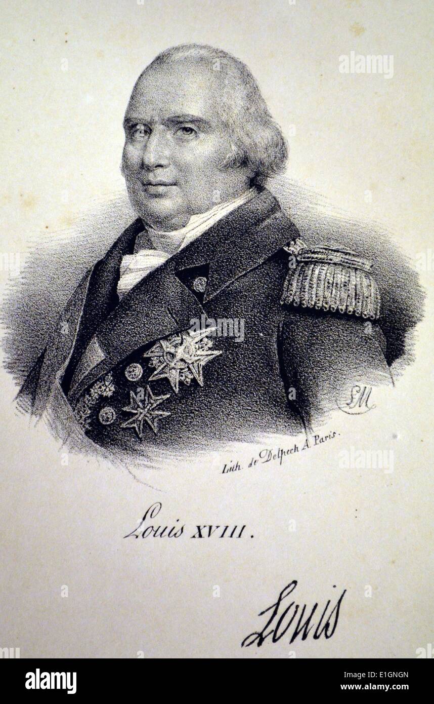 Louis XVIII (1755-1824) Roi de France 1795-1824, à l'exil jusqu'en 1814. Jeune frère de Louis XVI. Lithographie, Paris, c1840. Banque D'Images