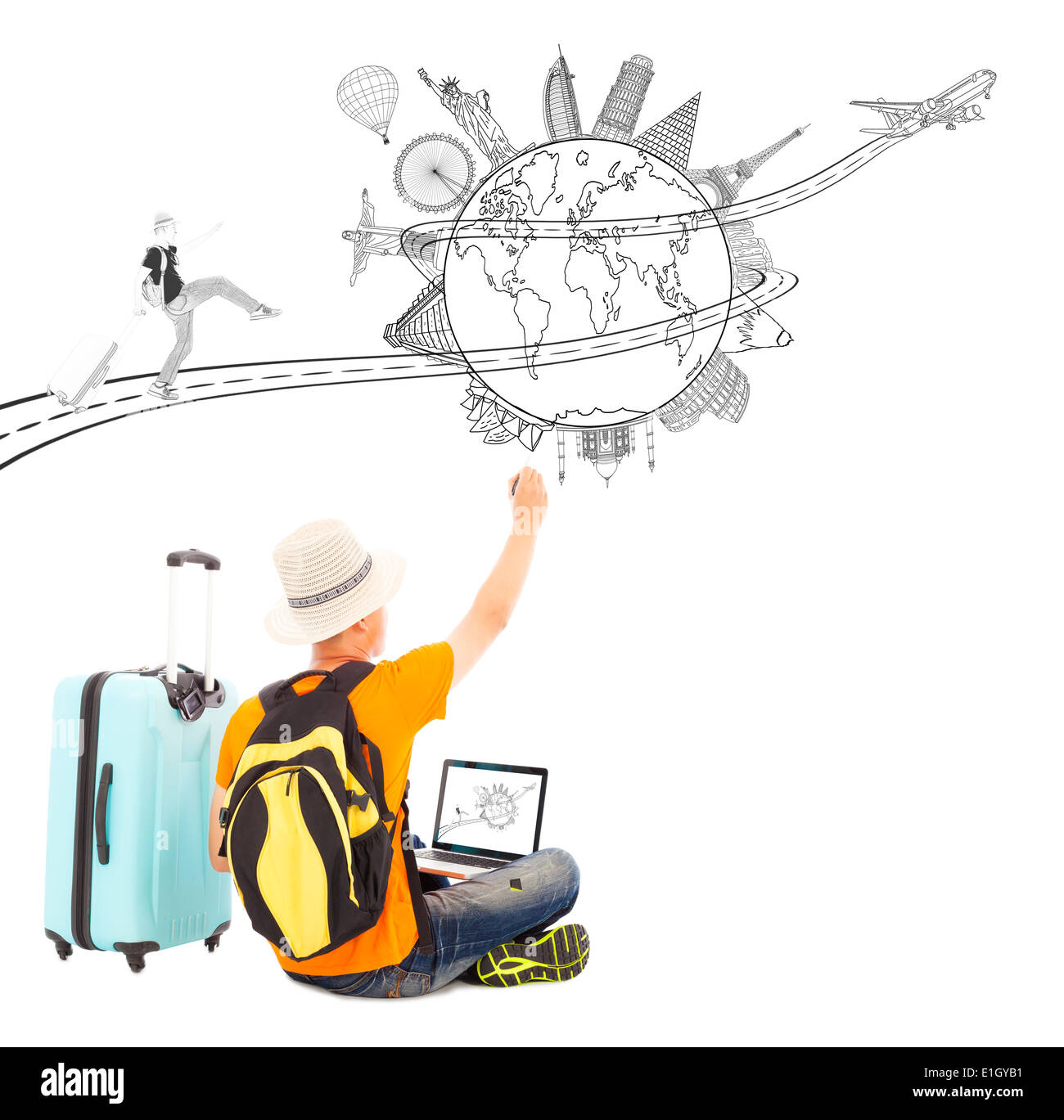 Backpacker dessiner une planification de voyage voyages Banque D'Images
