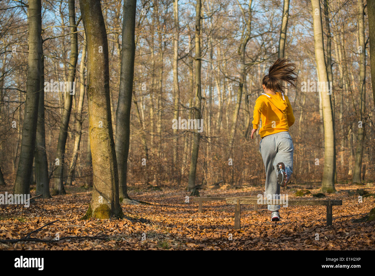 Jeune femme sautant clôture sur parcours du combattant dans la forêt Banque D'Images