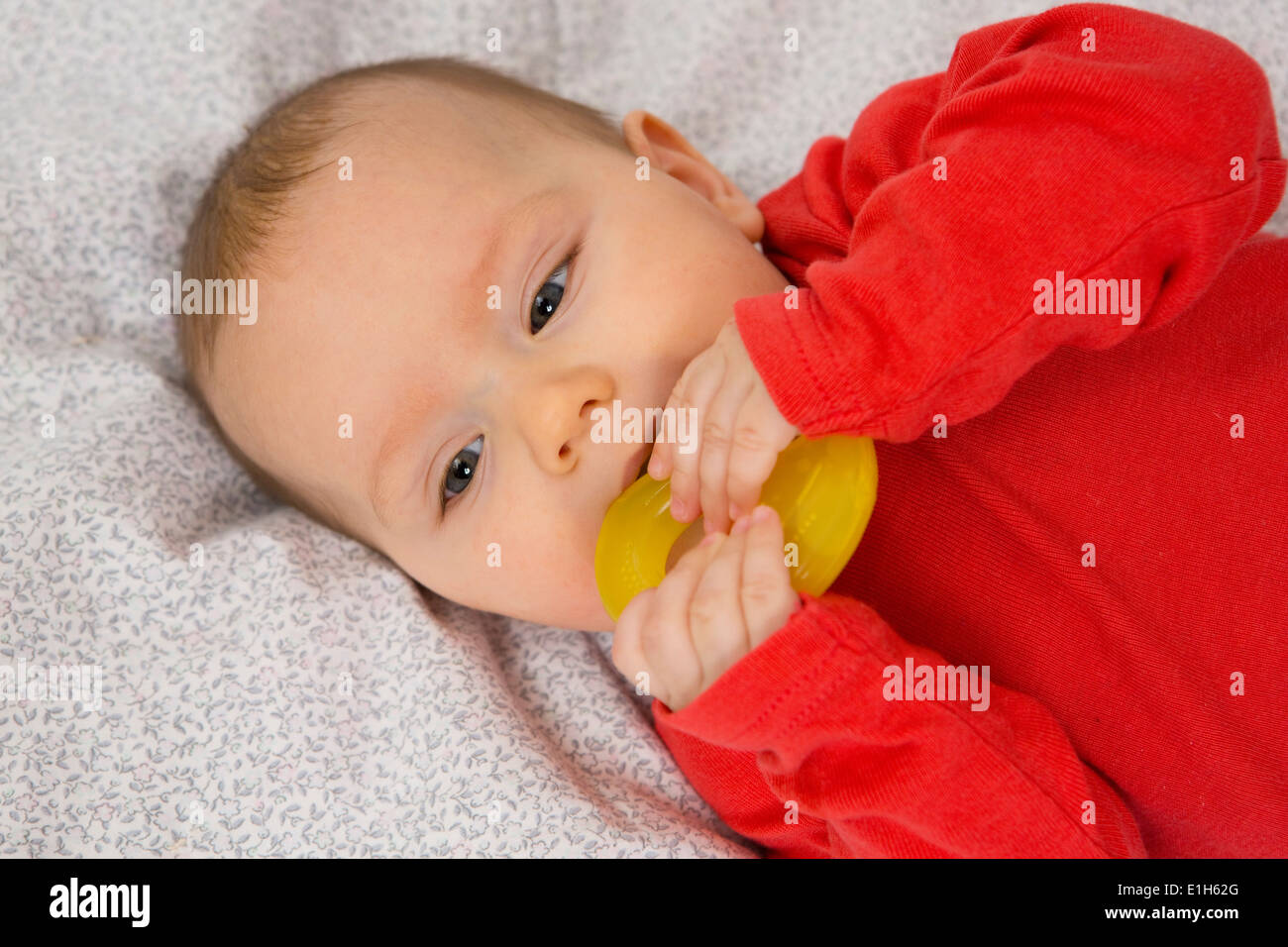 Bébé de 7 mois fille en crèche avec anneau de dentition dans sa bouche Banque D'Images