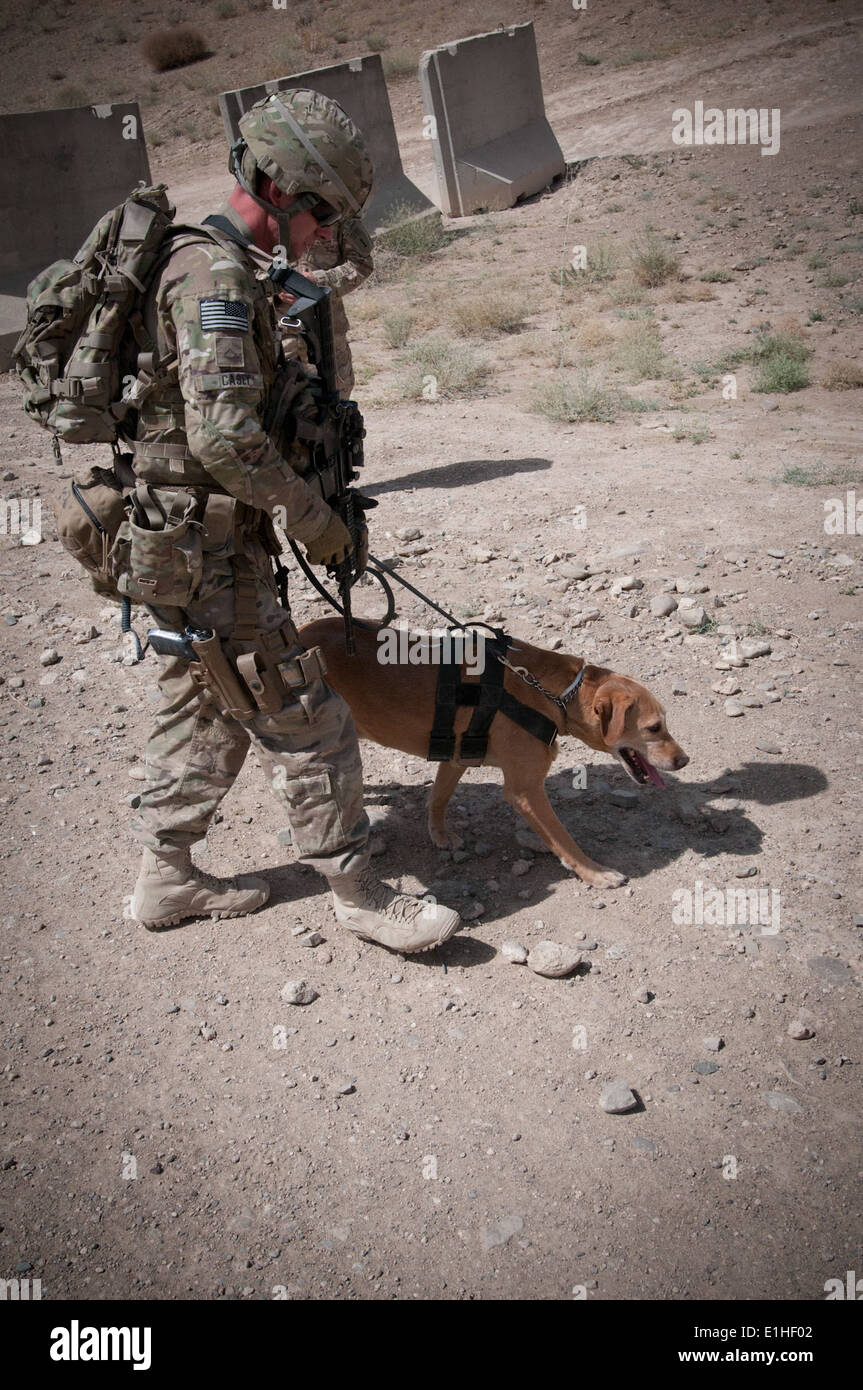 Circuit de l'armée américaine. John Casey, un maître-chien militaire affecté à la 4e Brigade Combat Team, 1re Division d'infanterie et son partenaire, R Banque D'Images