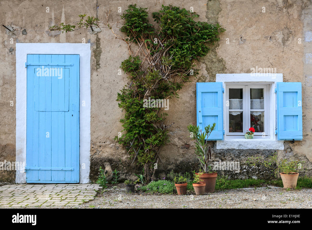 Porte et fenêtre bleu clair avec des volets bleus, les plantes en pot, Prébois, Isère, Rhône-Alpes, France Banque D'Images