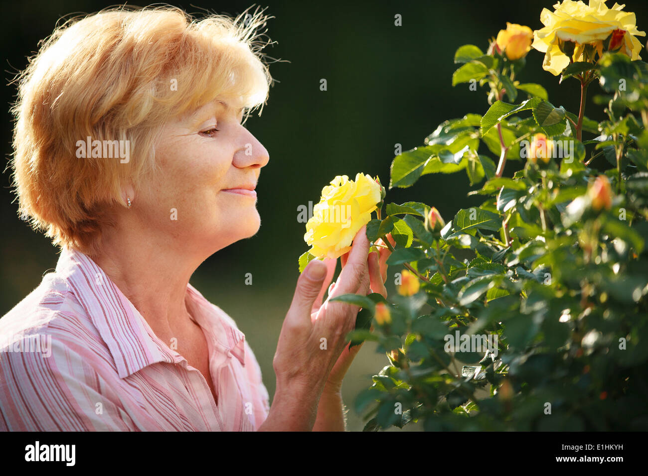 L'expression. Modèle femme senior avec jardin Roses. Printemps Banque D'Images