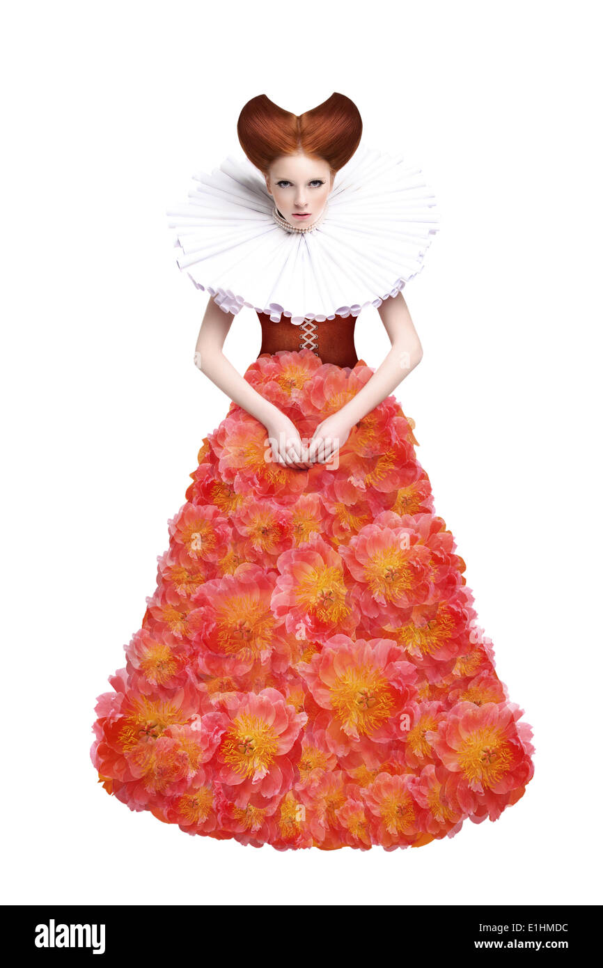 Les cheveux rouges de la Duchesse. Mode rétro femme classique à jabot. Renaissance. Fantasy Banque D'Images