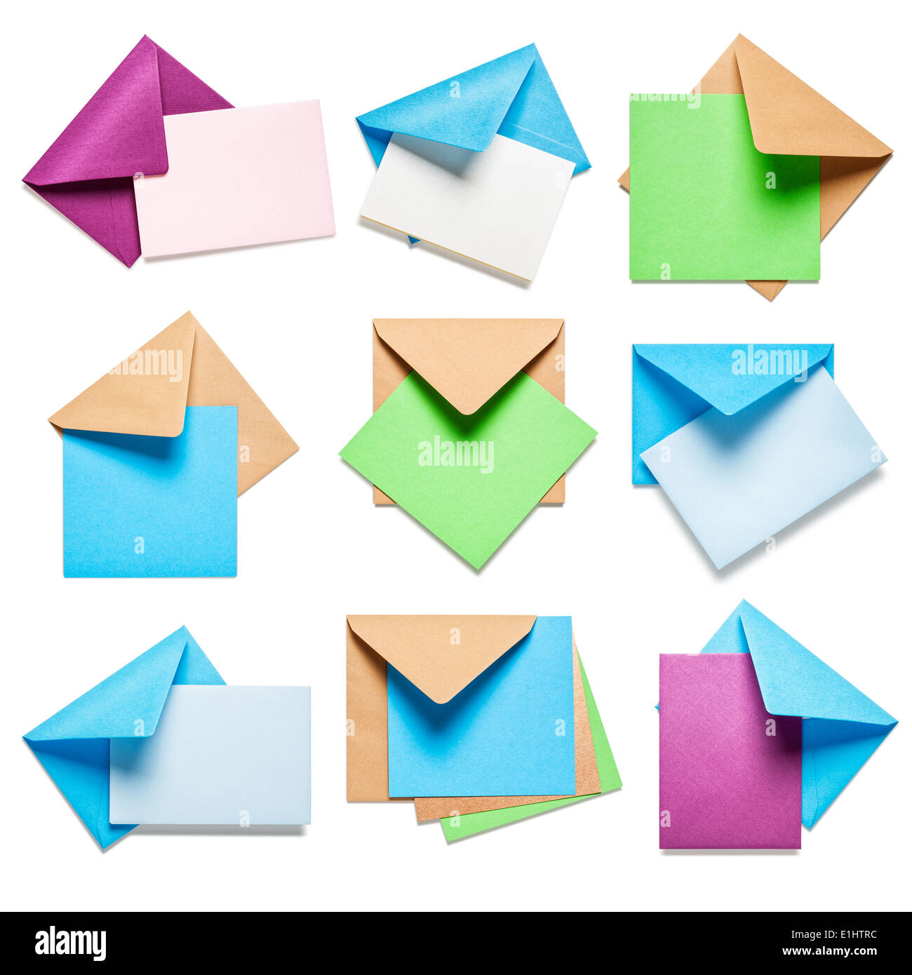 Colorful collection de cartes de vœux avec enveloppes isolé sur fond blanc Banque D'Images