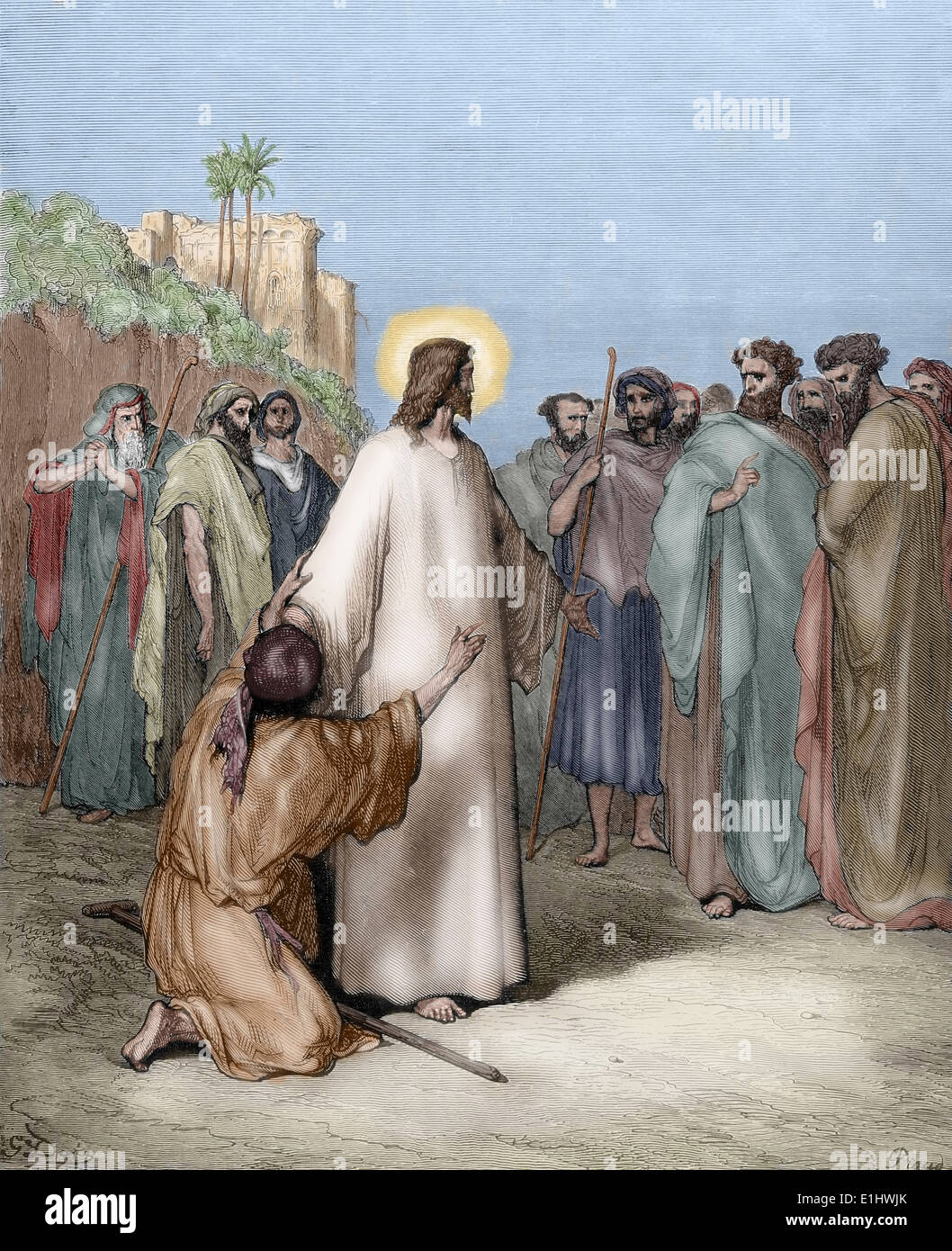 Nouveau Testament. Jésus guérit un démoniaque muet. Évangile de Matthieu. Dessin de Gustave Dore. De couleur. Banque D'Images
