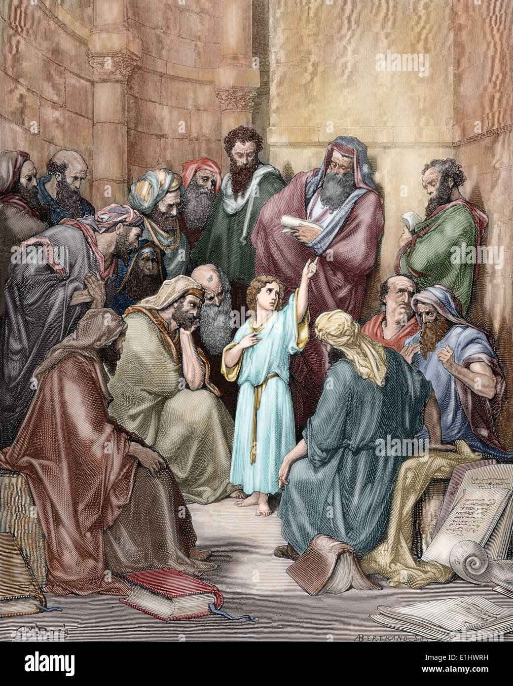 Nouveau Testament. Jésus dans son enfance parmi les médecins. Évangile selon saint Luc. Gustave Dore dessin. De couleur. Banque D'Images