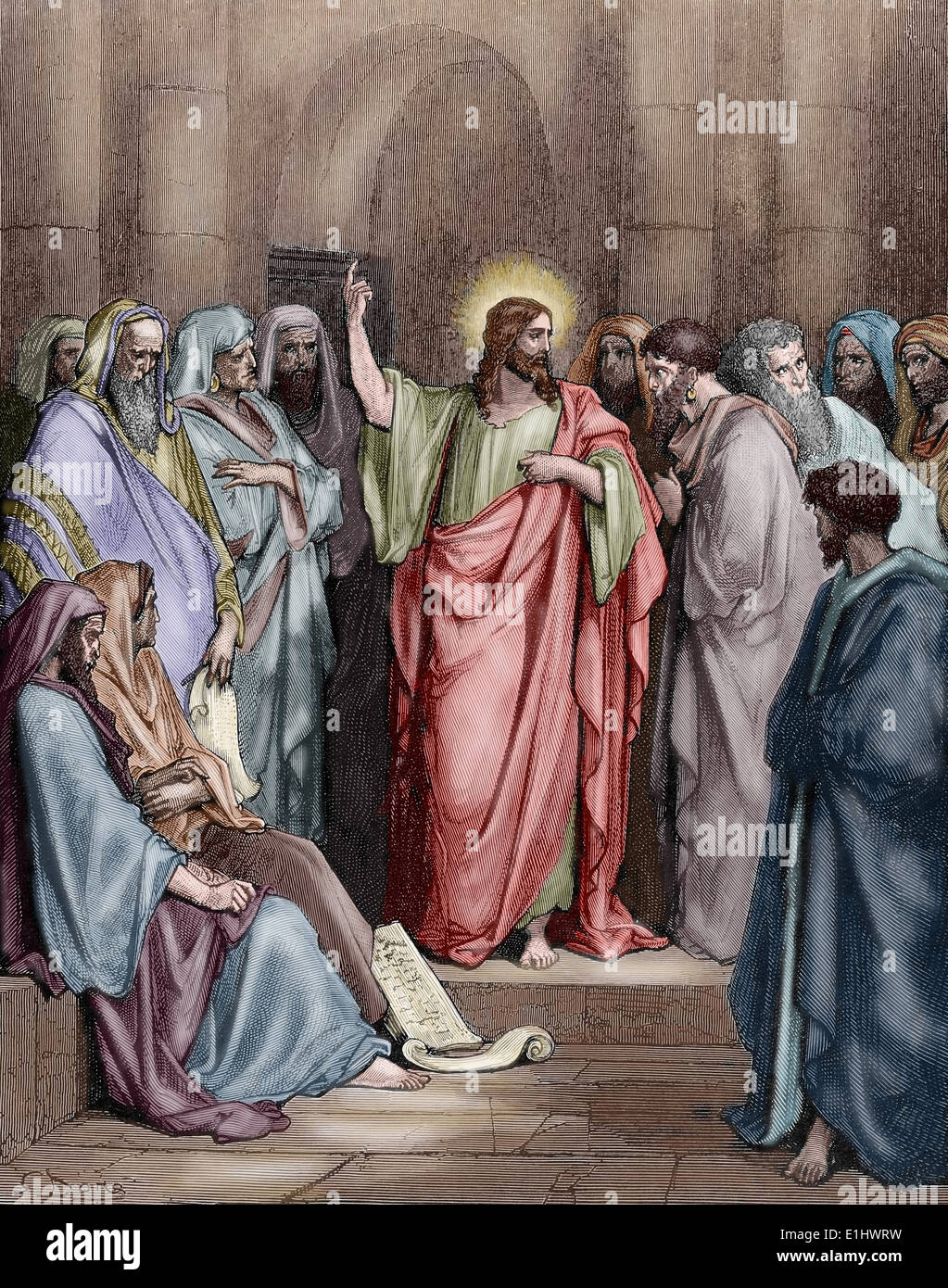 Nouveau Testament. Jésus dans la synagogue. Évangile selon saint Luc. Gustave Dore dessin. 19e siècle. De couleur. Banque D'Images