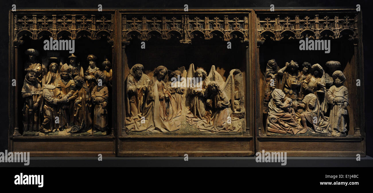 Retable de saint Lambert. Utrecht, 1470-1480. L'argile. Nativité, l'Adoration des Rois et le mariage de Marie et Joseph. Banque D'Images