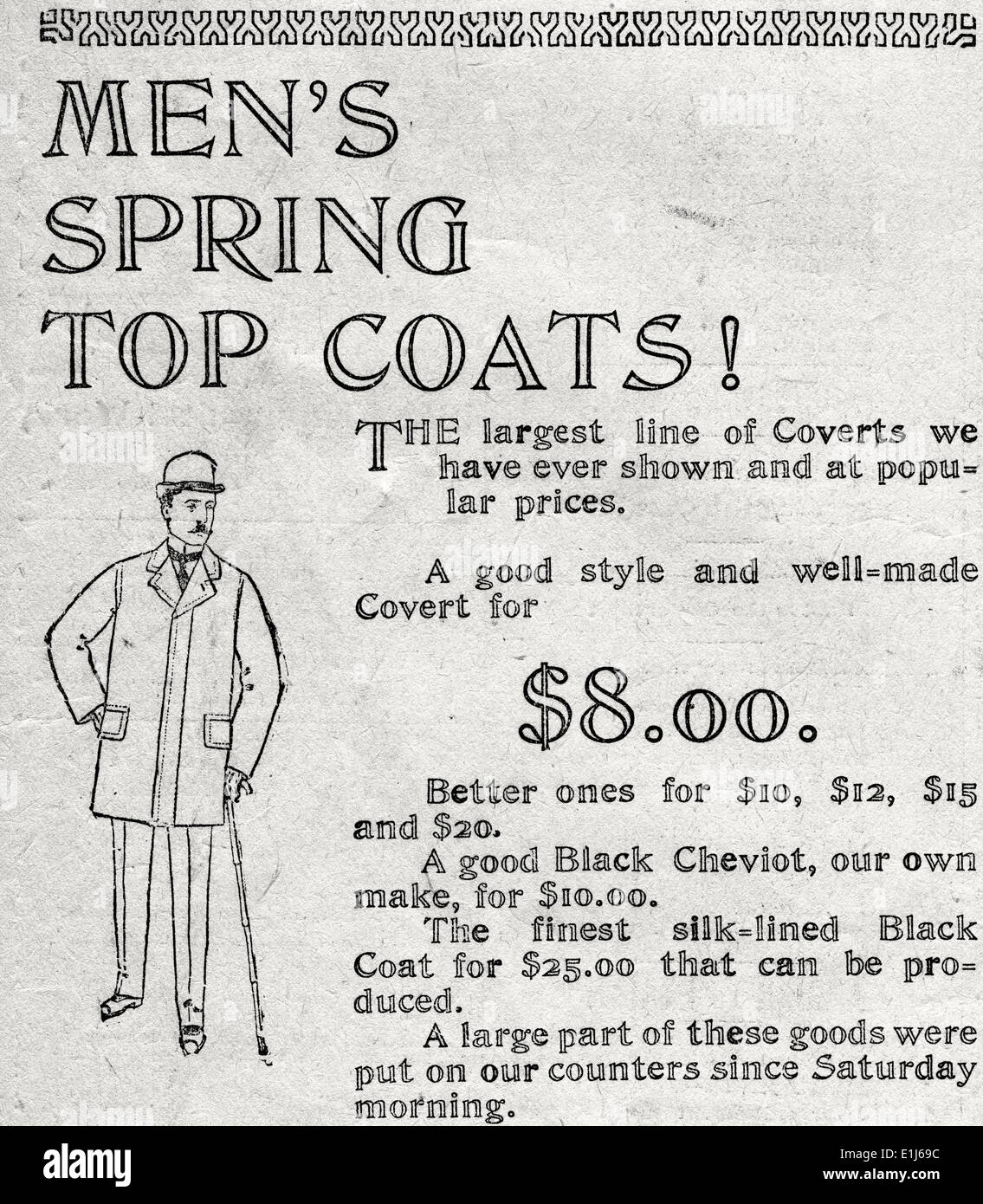 17 MAI 1898 - La Gazette du soir, une annonce pour 'hommes manteaux de printemps !' en Ware-Pratt Société. Banque D'Images