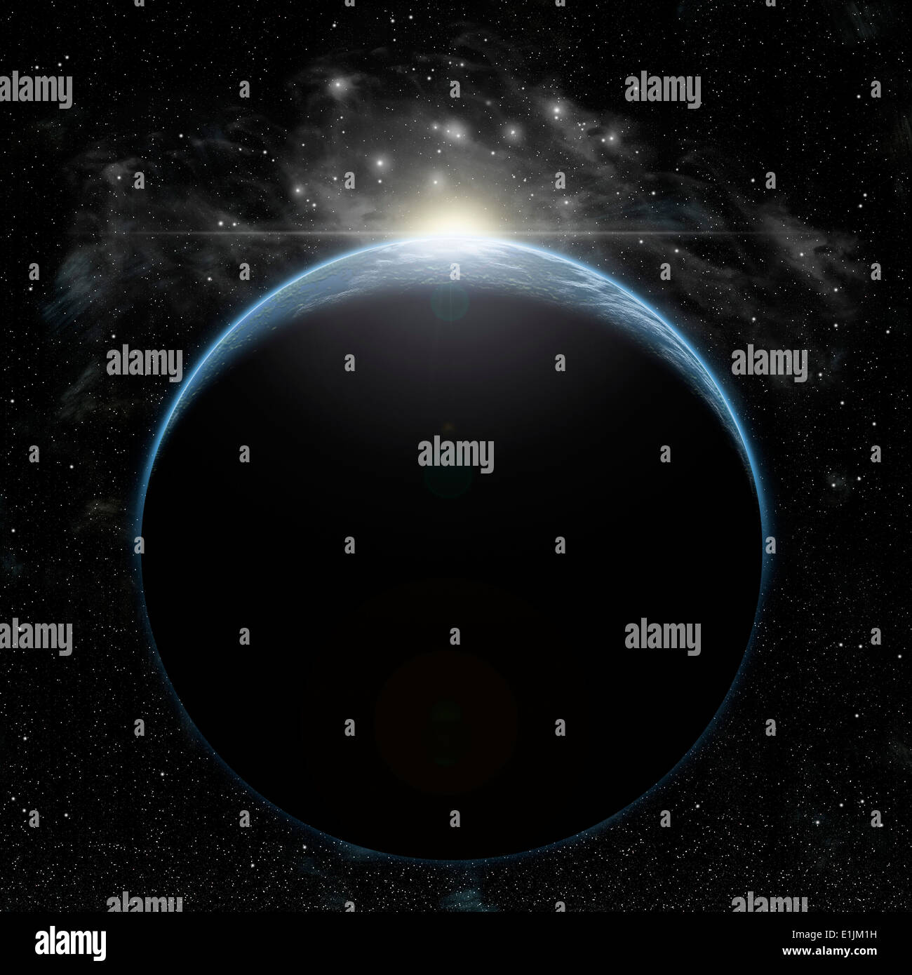 La représentation de l'artiste d'une Planète Terre-like dans l'espace profond avec une étoile dans une nébuleuse proche briser l'horizon. Banque D'Images