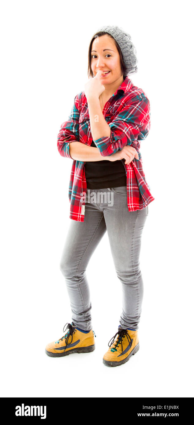 Young woman biting nail Banque D'Images