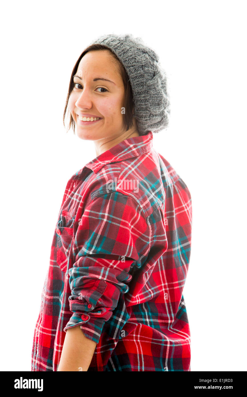 Young woman looking over Shoulder and smiling Banque D'Images