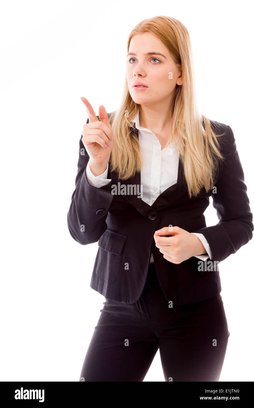 Businesswoman pointing finger isolé sur fond blanc Banque D'Images