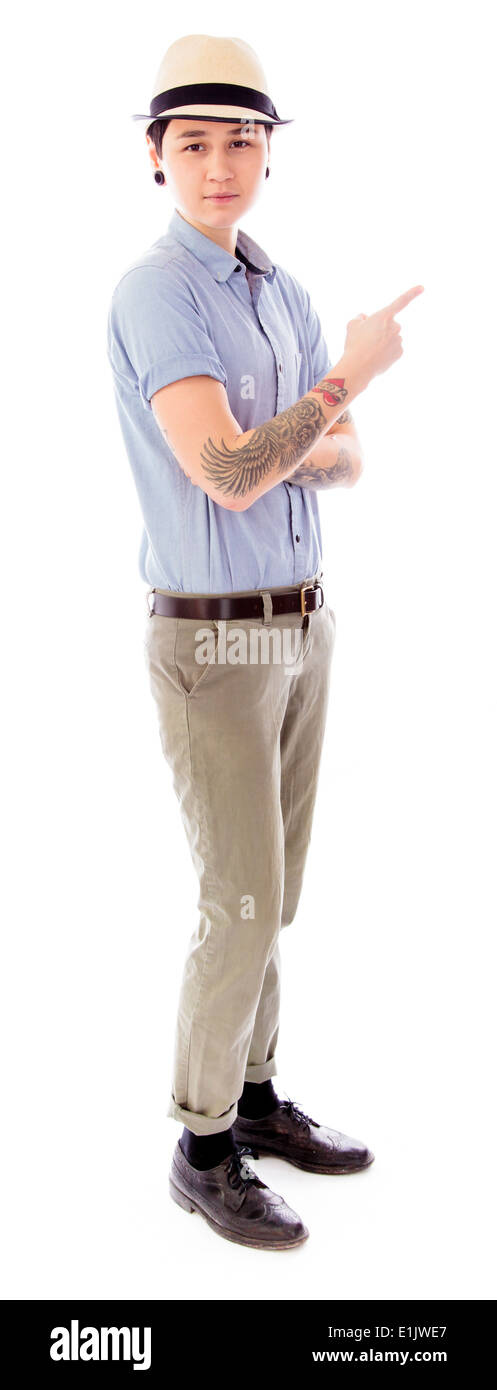 Portrait of a young woman pointing Banque D'Images