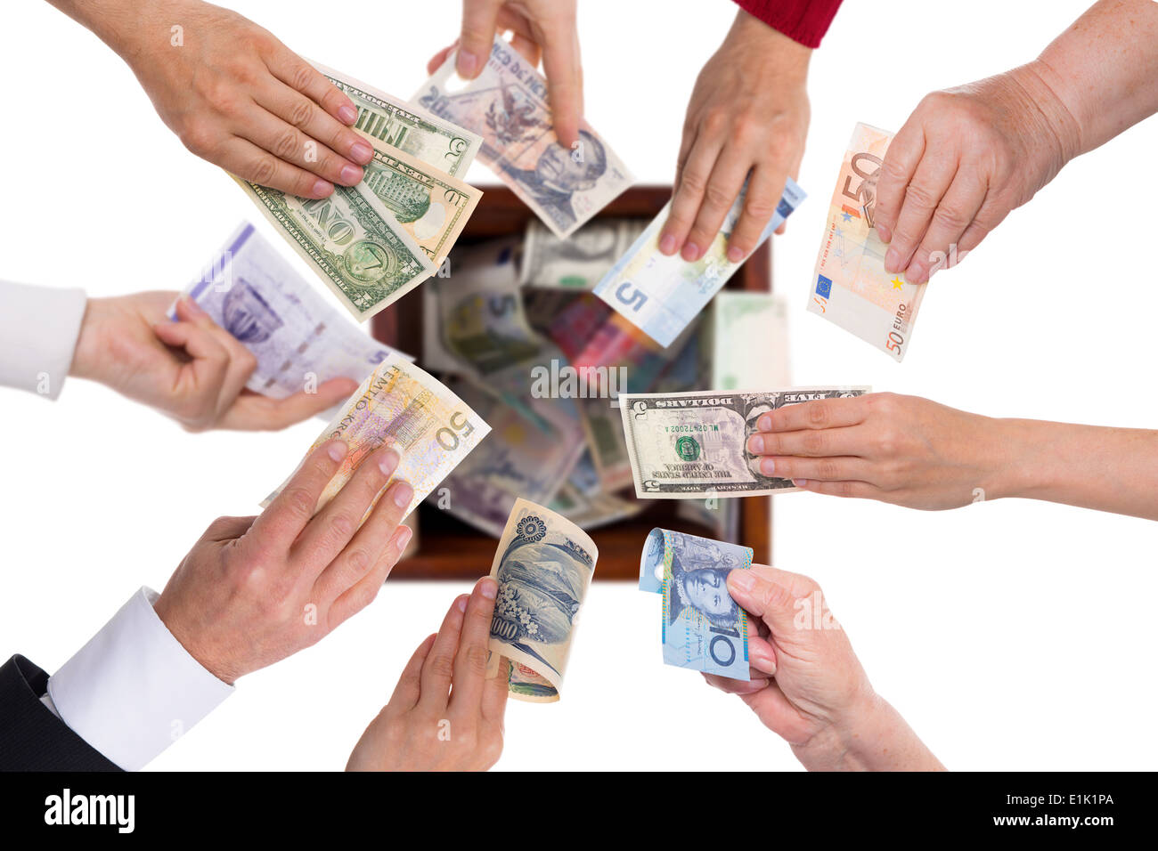 Différentes devises concept crowdfunding ou financement mondial Banque D'Images