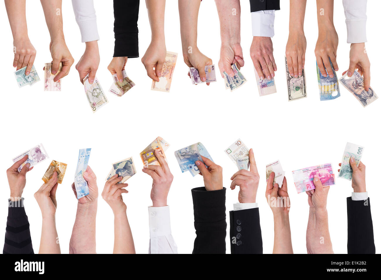Beaucoup de mains avec d'importantes devises isolated on white Banque D'Images
