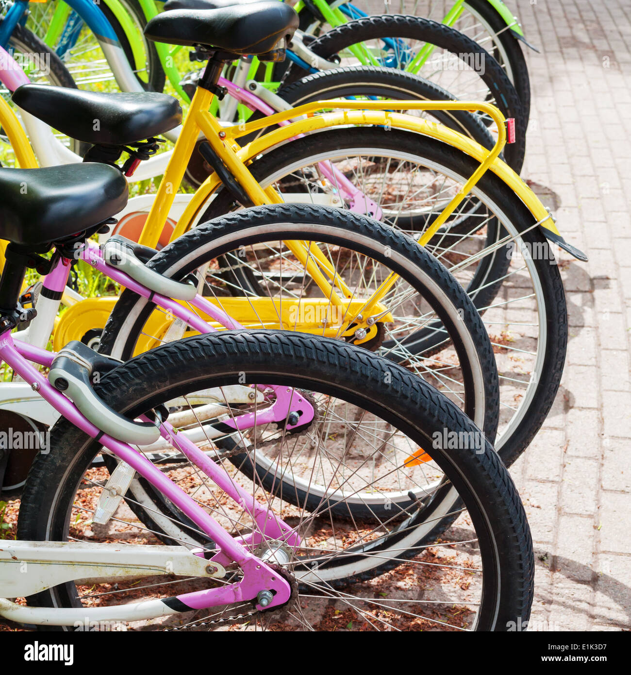 Stand des vélos colorés dans la rangée sur un parking à louer Banque D'Images