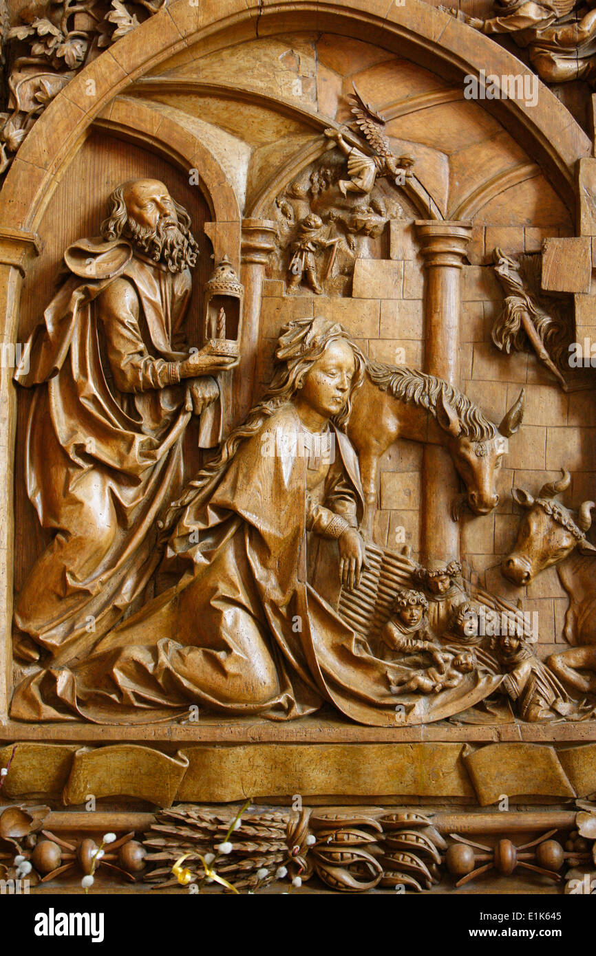Mauer bei Dresden Église. Autel sculpté, 1509. La nativité. Banque D'Images