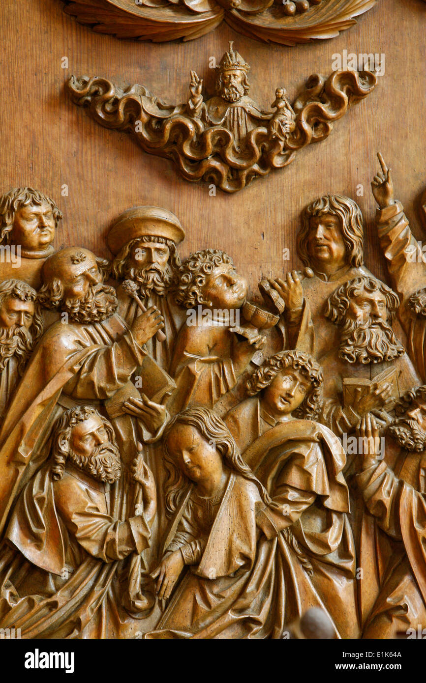 Mauer bei Dresden Église. Autel sculpté, 1509. La mort de la Vierge Marie. Banque D'Images