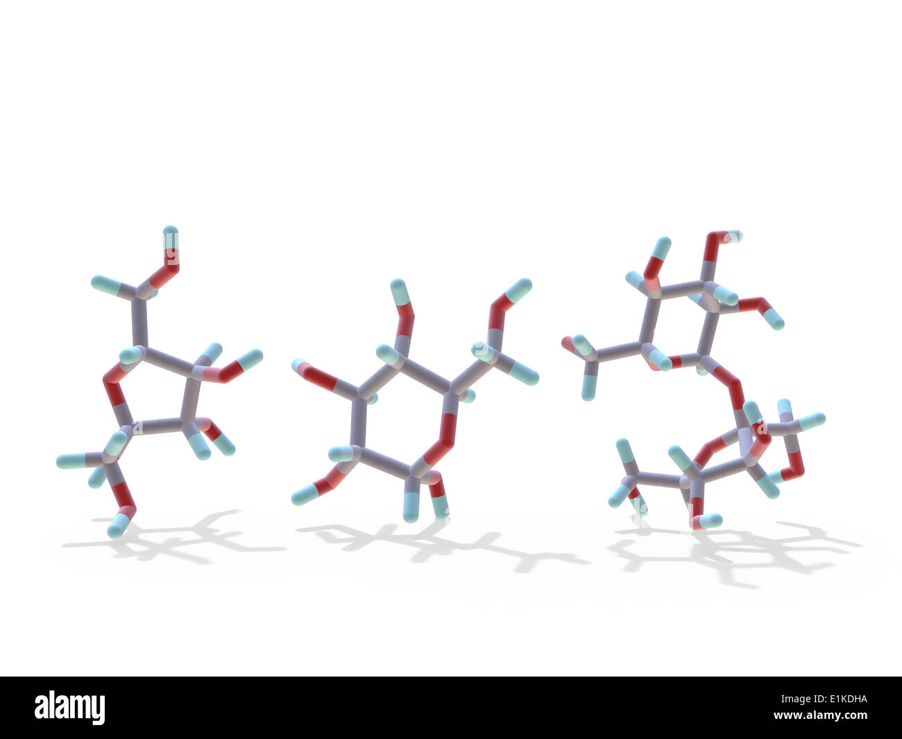Le fructose et glucose sucrose modèles moléculaires (de gauche à droite) les atomes sont représentés comme des tiges et sont codés par couleur : carbone Banque D'Images