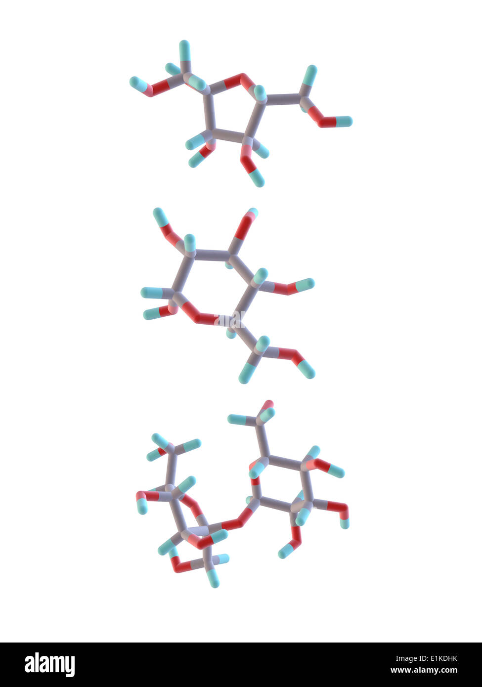 Le fructose et glucose sucrose modèles moléculaires (de haut en bas) les atomes sont représentés comme des tiges et sont codés par couleur : carbone Banque D'Images