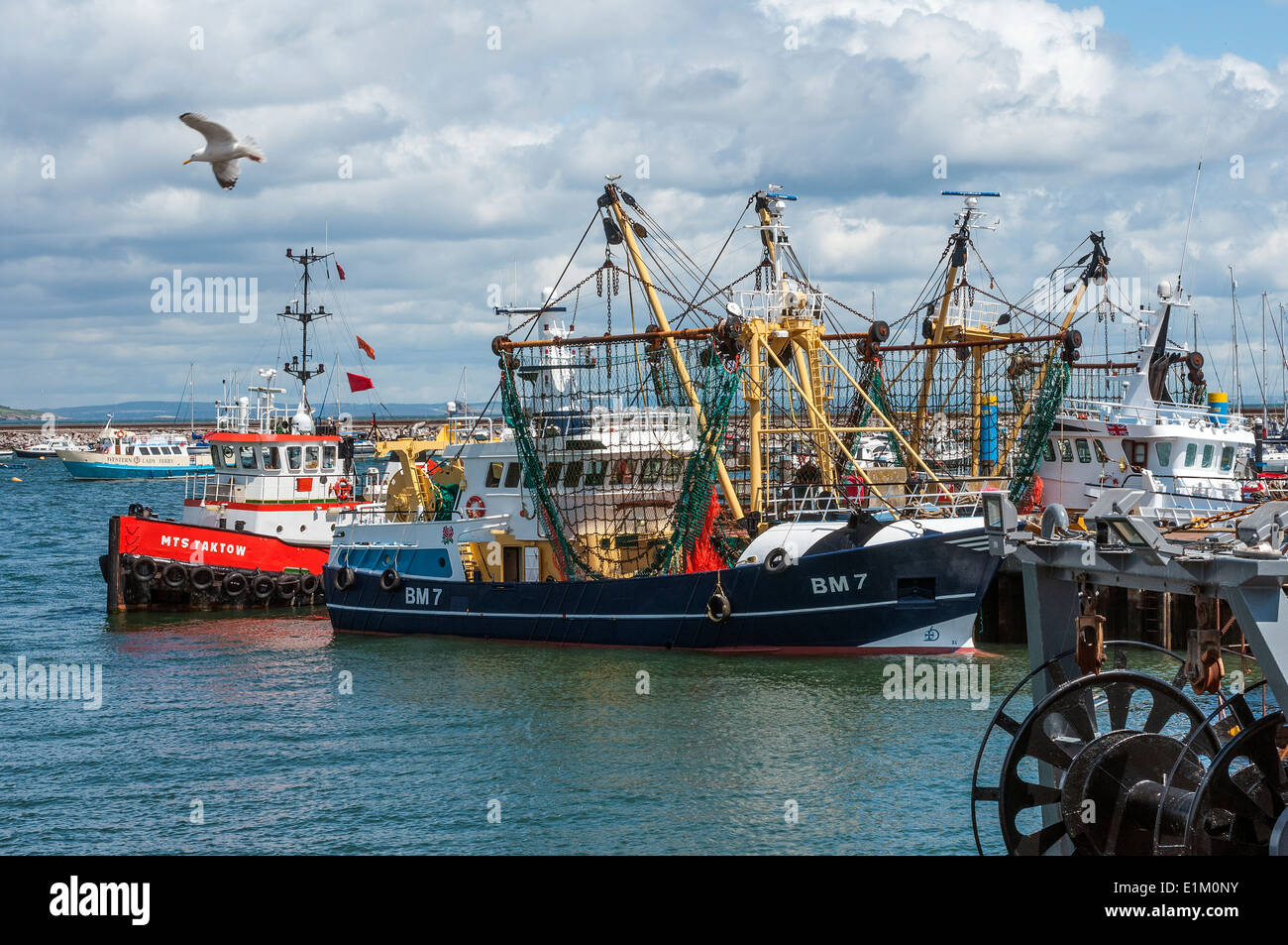 La flotte de pêche en brixham,port,pont,corde,mécanicien chalutier à Brixham Devon, technicien, machines, outil, jour, bm7, Banque D'Images