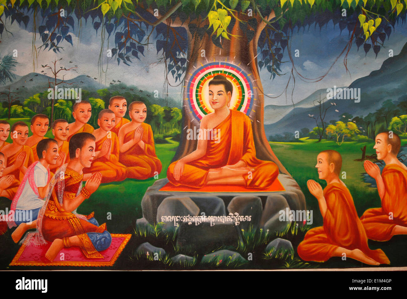 Tableau représentant l'enseignement de Bouddha sous un arbre, avec le roi Bimbisara à Rajagaha Banque D'Images