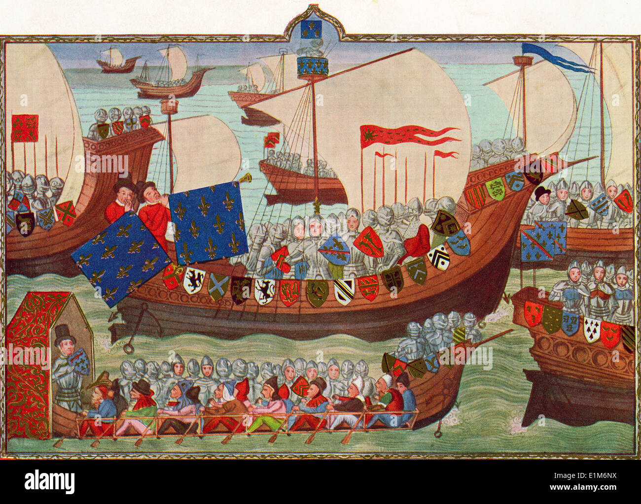 Départ de l'anglais et le français à partir de Gênes en 1390 à châtier les corsaires barbaresques. Banque D'Images