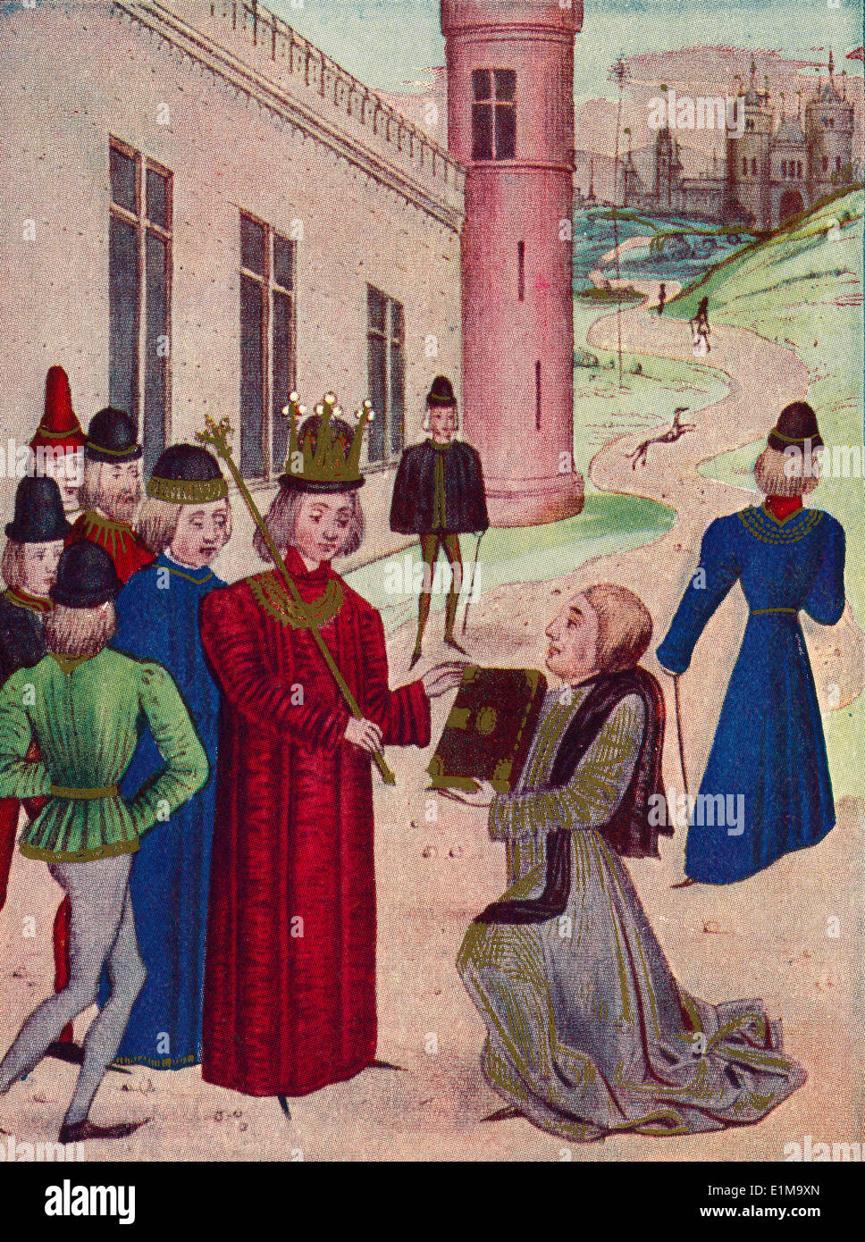 Sir John Froissart présente son livre de poèmes d'amour de Richard II en 1395. Banque D'Images