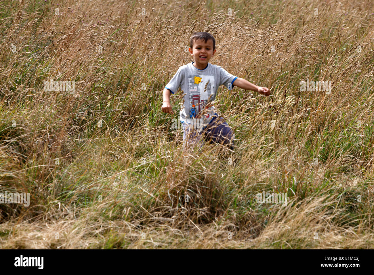 4-year-old boy running dans un champ Banque D'Images