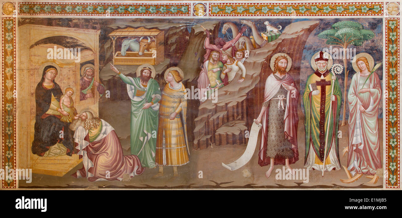 TREVISO, ITALIE - 18 mars 2014 : fresque de l'Adoration des Mages (1370) à saint Nicolas ou l'église San Nicolo. Banque D'Images