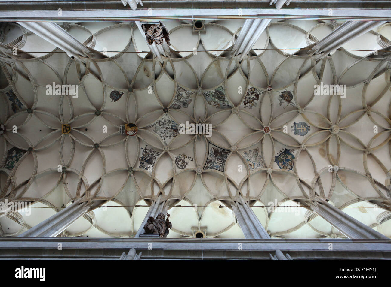 Voûte nervurée gothique décoré d'armoiries dans l'église St Barbara à Kutná Hora, République tchèque. Banque D'Images