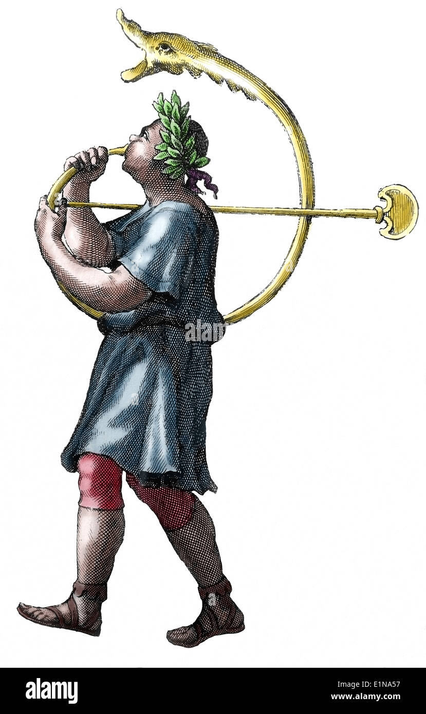 Des militaires de l'ancienne Rome. Buccinator, joué un buccina, utilisé pour transmettre des commandes. acoustique Gravure, 19ème siècle. Banque D'Images