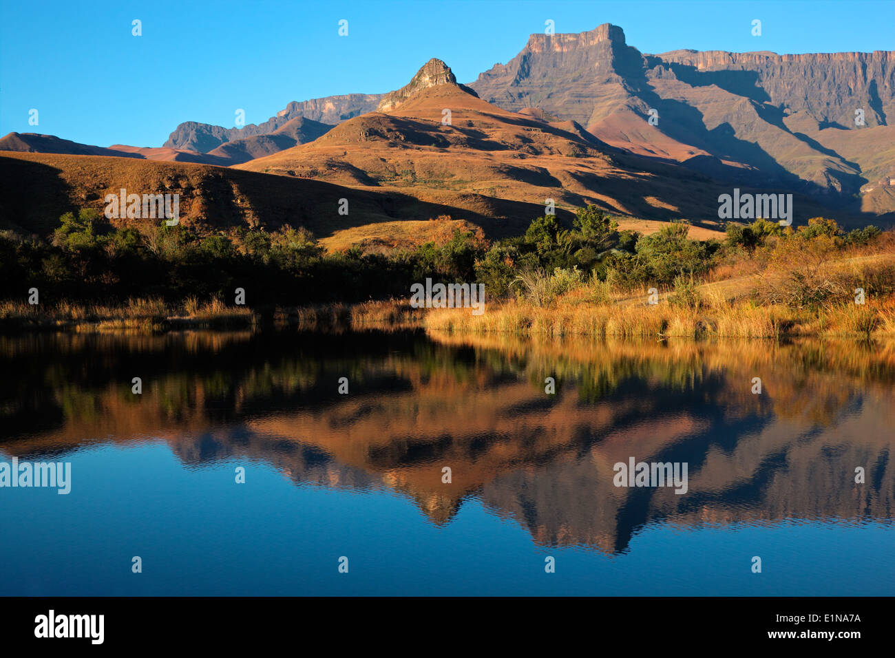 Les montagnes avec réflexion symétrique dans l'eau, Parc national royal Natal, Afrique du Sud Banque D'Images