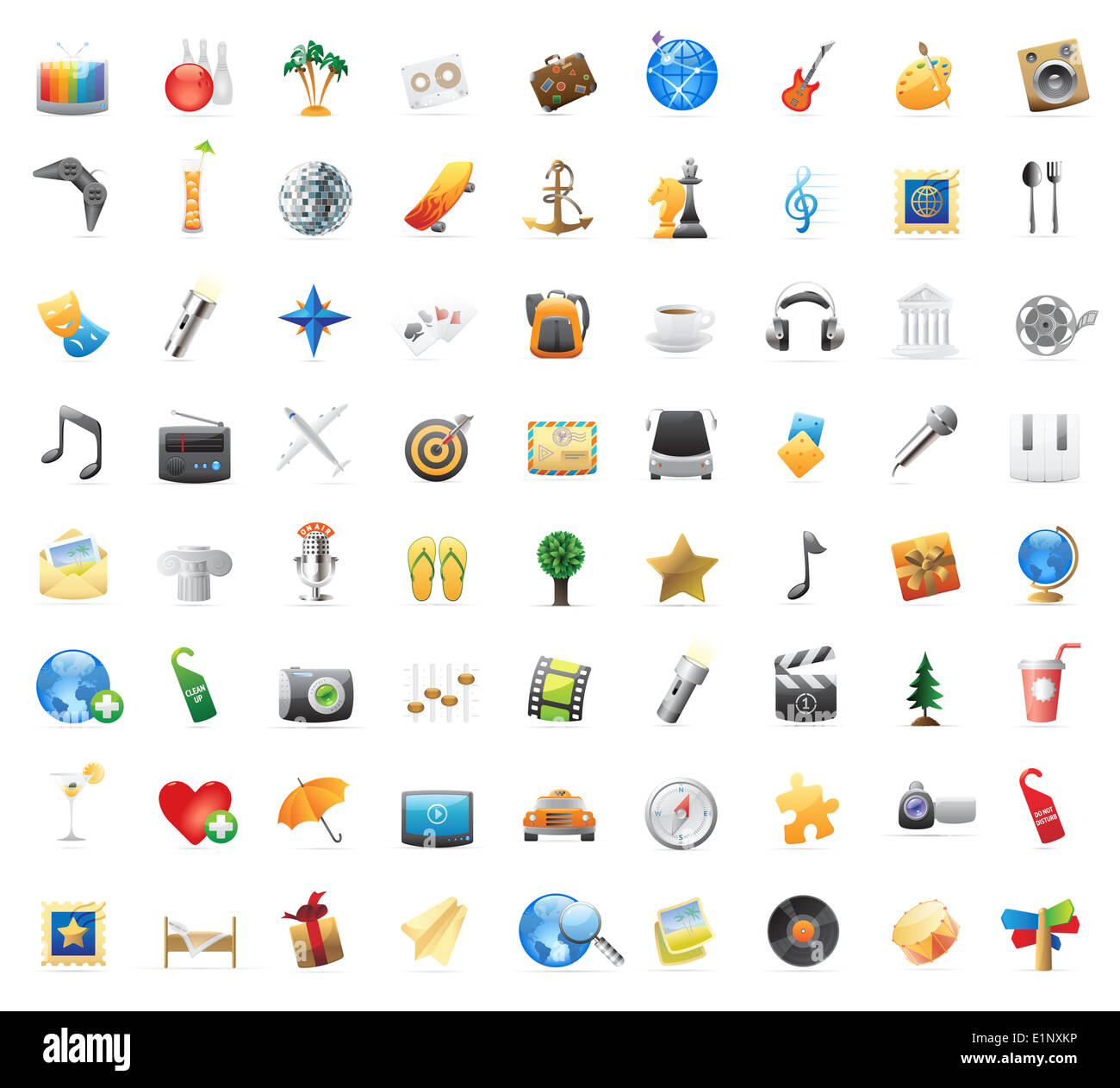 72 icônes détaillées pour le divertissement, les loisirs, les voyages et les arts. Banque D'Images