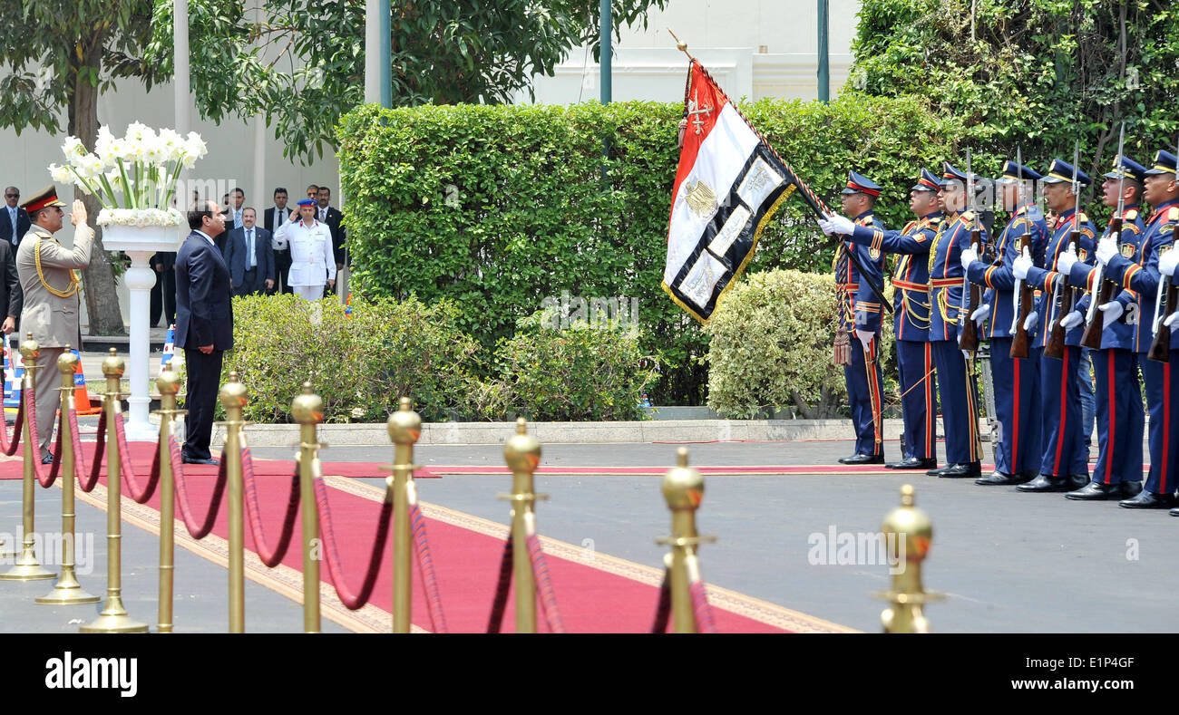 Le Caire, Égypte. 8 juin, 2014. Dans cette image publié par l'agence d'information MENA, Président Abdel-Fattah el-Sissi commentaires gardes d'honneur lors de sa cérémonie inaugurale à l'intérieur du palais présidentiel au Caire, Égypte, dimanche 8 juin, 2014. L'Égypte, qui vient d'être assermenté président demande à son pays ce dimanche pour construire un avenir plus stable après des années de troubles et de révoltes, en leur demandant de travailler dur pour que leurs droits et libertés pourrait se développer. Banque D'Images