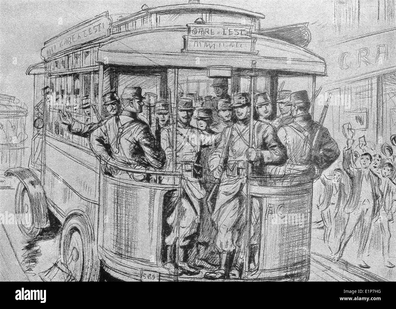 Cet hôtel contemporain de l'illustration montre les soldats l'autobus en France Aller à la guerre pendant la Première Guerre mondiale. Banque D'Images