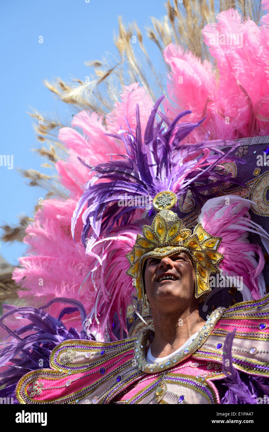 Berlin, Allemagne. 8 juin, 2014. Un reveler portant les costumes prend part au défilé durant le carnaval annuel de la Culture Festival à Berlin, Allemagne, le 8 juin 2014. Quelque 5 300 artistes sur dimanche a participé à le carnaval annuel affichant les costumes du monde entier. © Shang Jing/Xinhua/Alamy Live News Banque D'Images