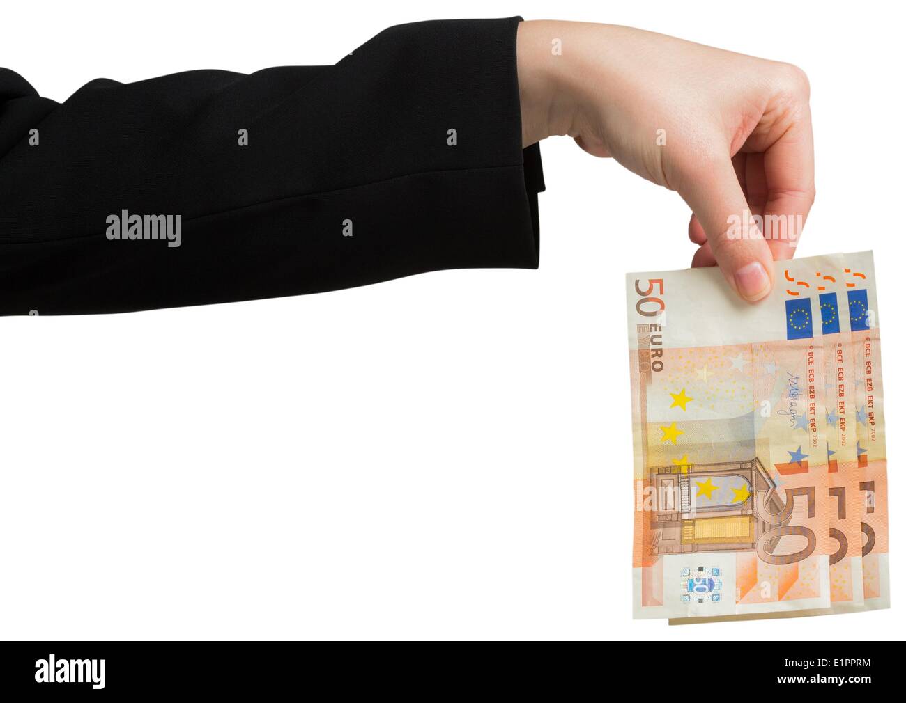 Businesswomans hand holding cinquante euro notes Banque D'Images