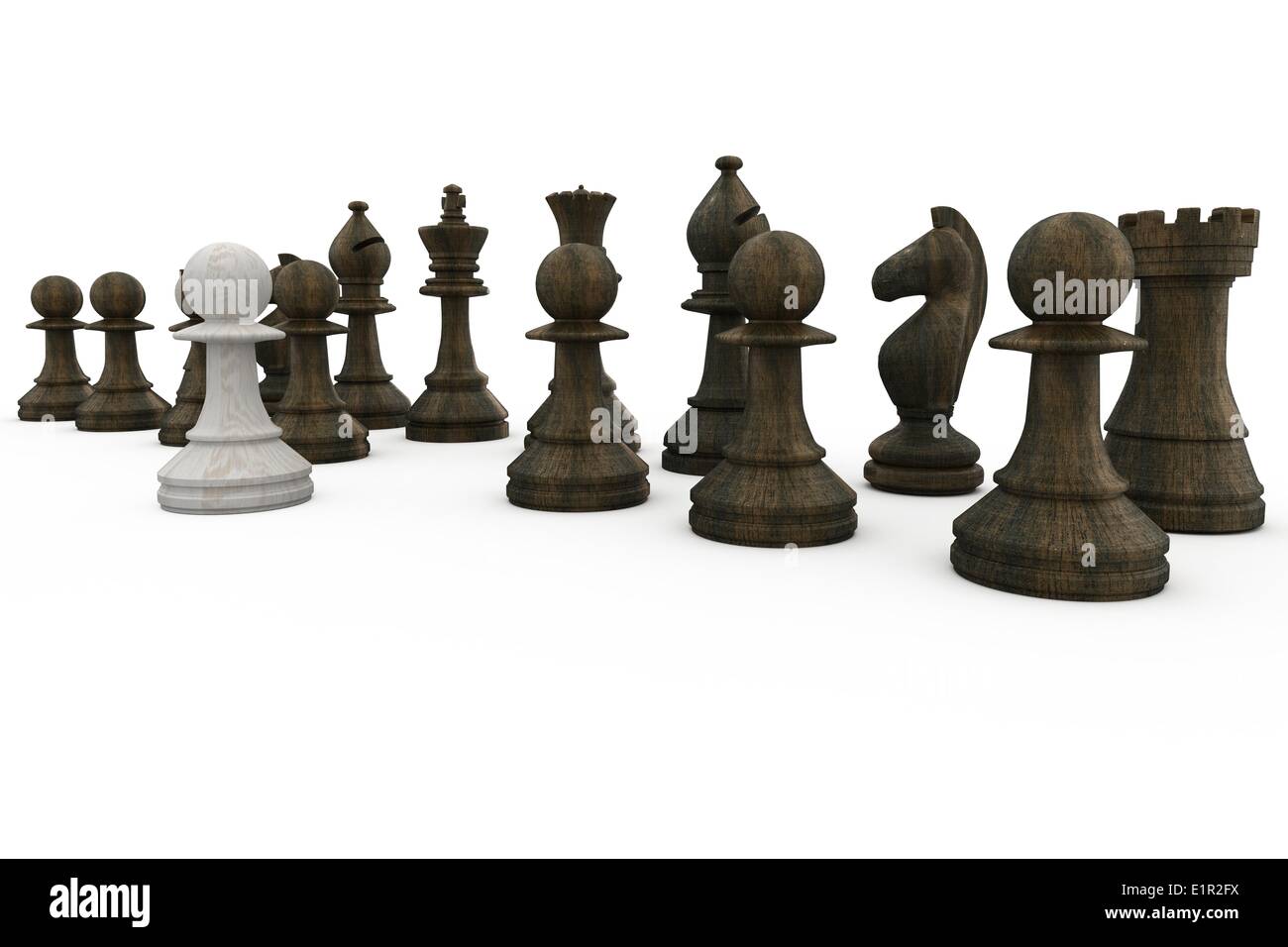Le pion blanc debout avec pièces noires Banque D'Images