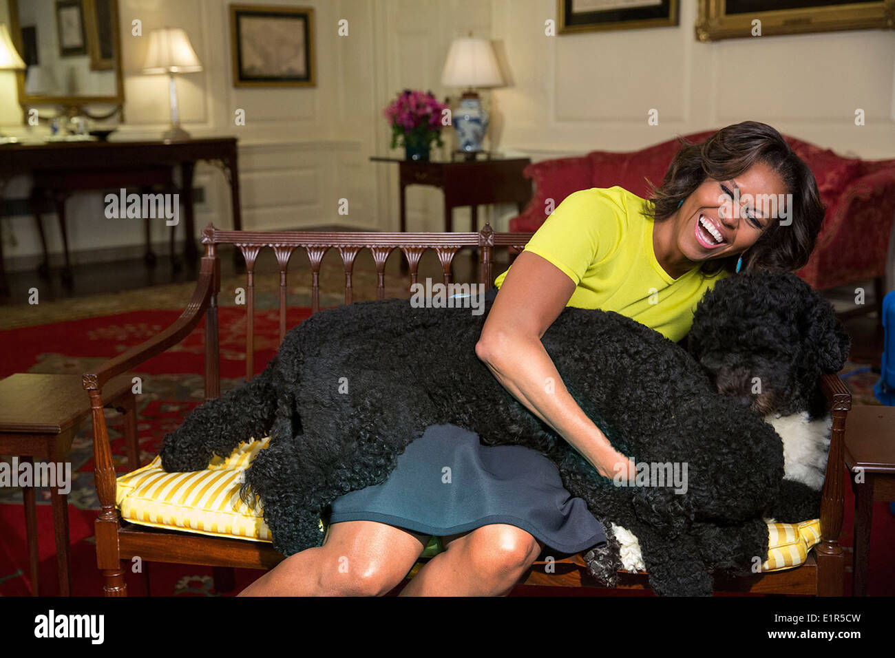 Première Dame Michelle Obama rit alors qu'elle épouse animaux Sunny et Bo, droite, lors d'un enregistrement vidéo dans la salle des cartes de la Maison Blanche le 14 avril 2014 à Washington, DC. Banque D'Images